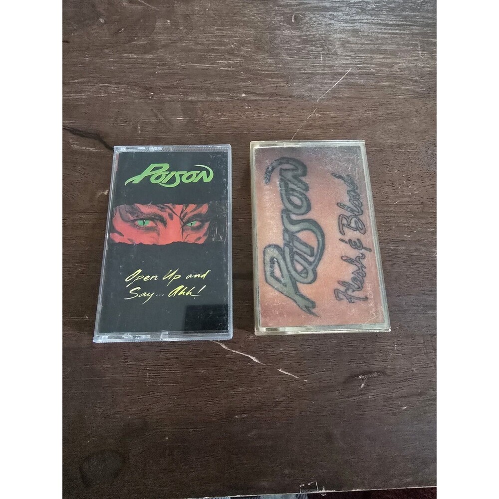 Lot of 2 POISON CASSETTES Flesh & Blood Open Up And Say Ahh 80s Hair Metal Band